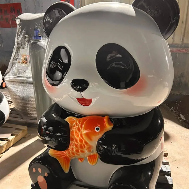 Cartoon Fiberglass Panda Sculpture Holding Bamboo & Koi Fish – Internet-Famous Landscape Statue For Scenic Spots & Chinese Style Malls — view 4