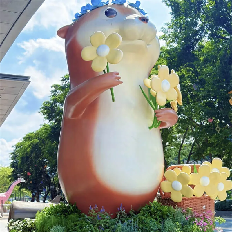 Cartoon Flower-Holding Otter Fiberglass Sculpture | Outdoor Plaza IP Decor Statue | Custom Cute Otter Ornament — view 4