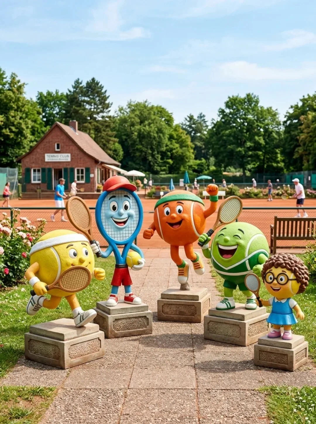 Cartoon FRP Tennis Character Mascot Statue Set for Tennis Club Court Landscape Decor