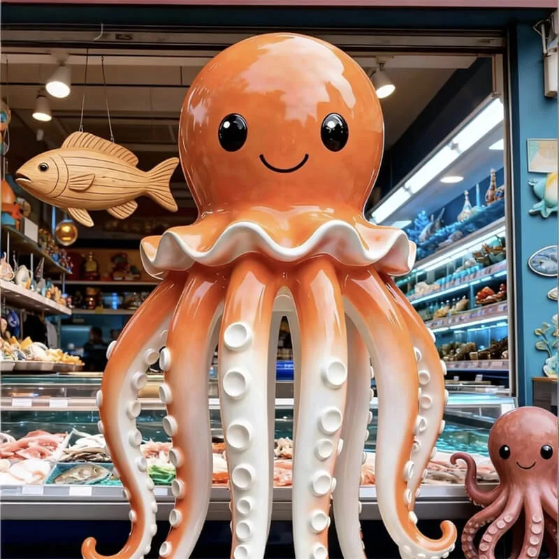Cartoon Octopus Fiberglass Sculpture | Ocean Theme IP Decor Statue | Aquarium & Mall Cute Octopus Ornament — view 3