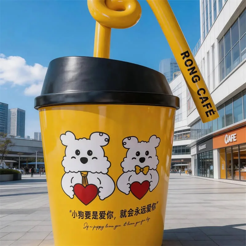 Cartoon Puppy Coffee Cup FRP Sculpture – Café Storefront Photo Spot Ornament for Outdoor Milk Tea Shop Attraction Installation — view 3