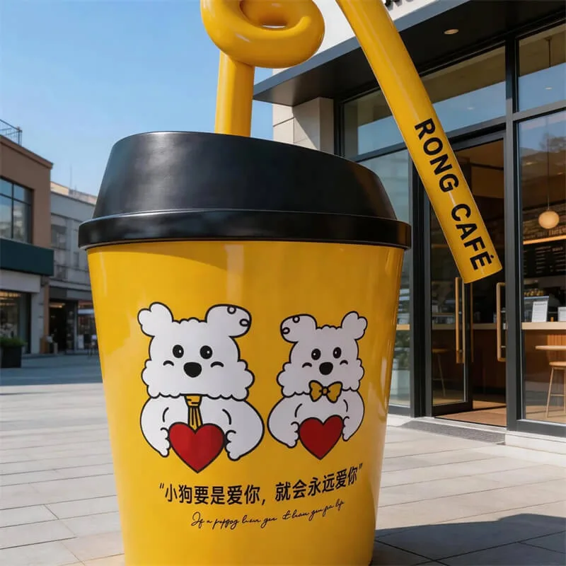 Cartoon Puppy Coffee Cup FRP Sculpture – Café Storefront Photo Spot Ornament for Outdoor Milk Tea Shop Attraction Installation — view 4