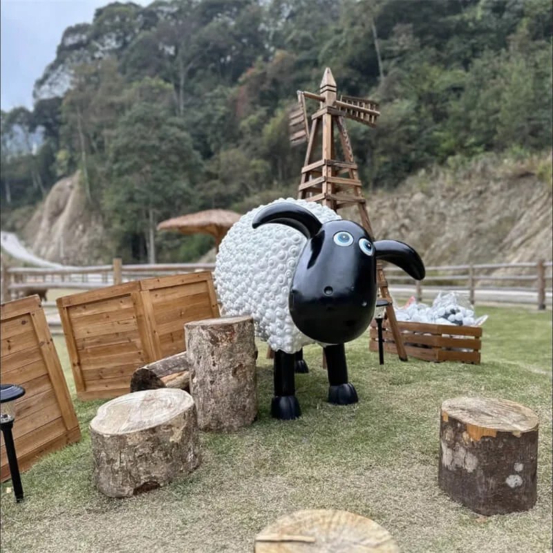 Cartoon Shaun the Sheep fiberglass lamb sculpture | custom size outdoor ornament for farm and scenic spot landscaping