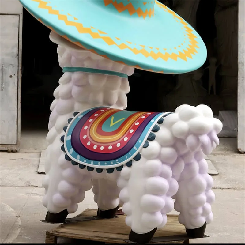Cartoon sombrero fiberglass alpaca sculpture | custom sized photo prop for mall and amusement park decor — view 4