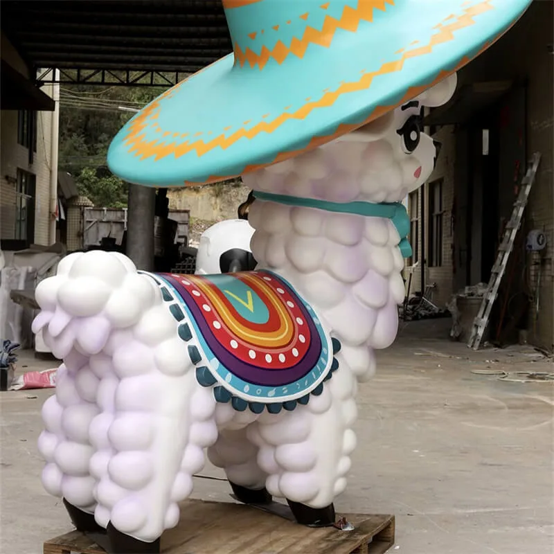 Cartoon sombrero fiberglass alpaca sculpture | custom sized photo prop for mall and amusement park decor — view 3