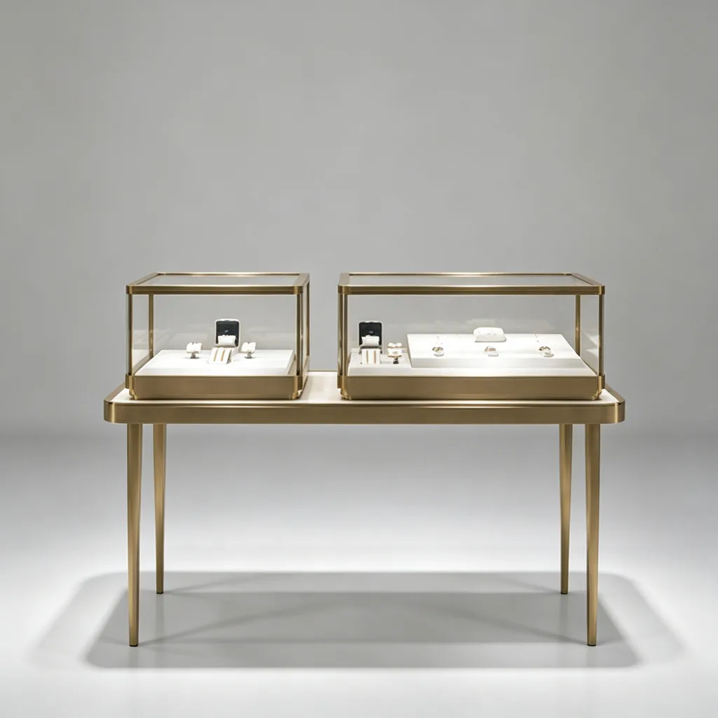Champagne Gold Dual Glass Case Jewelry Display Table Console White Pads