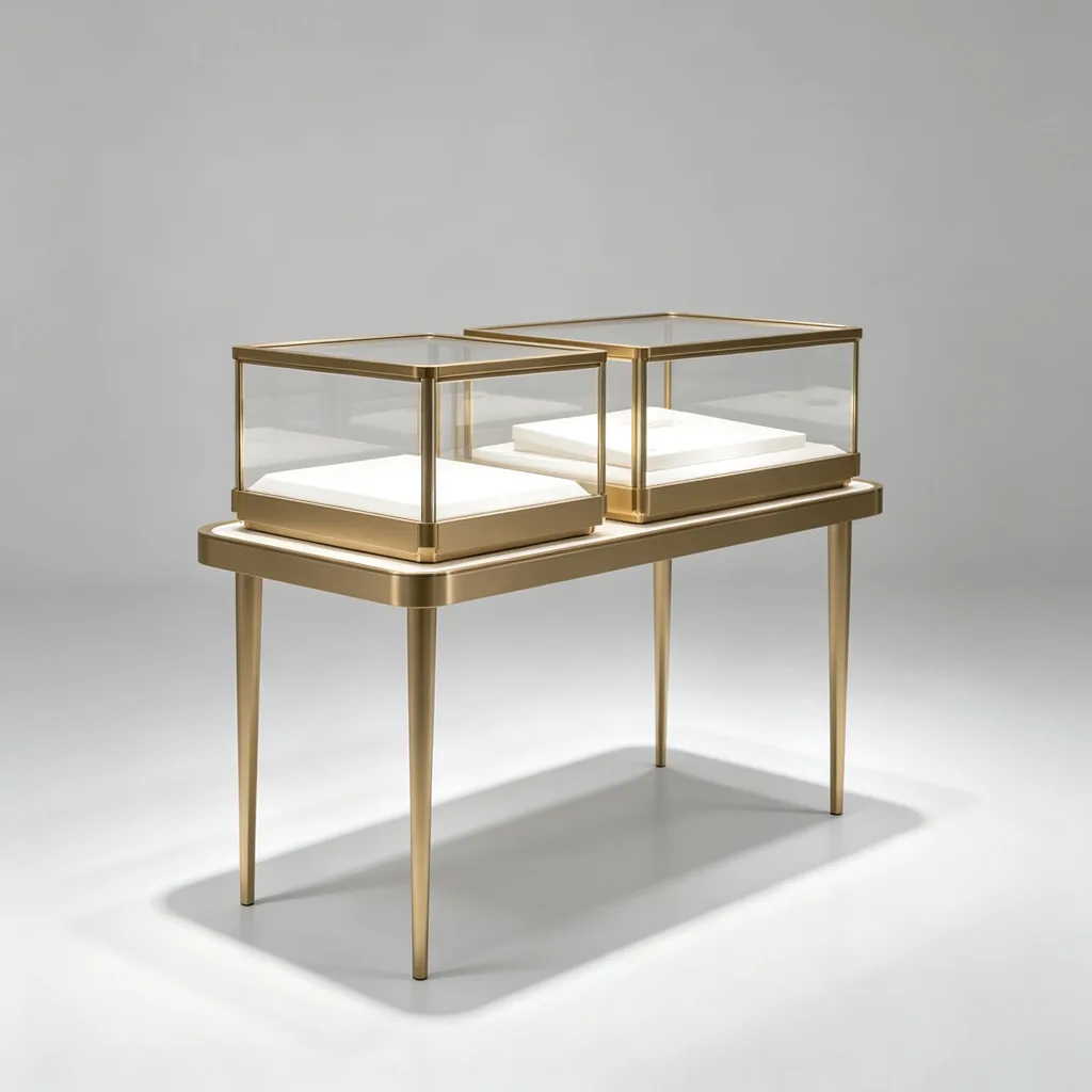 Champagne Gold Dual Glass Case Jewelry Display Table Console White Pads — view 4