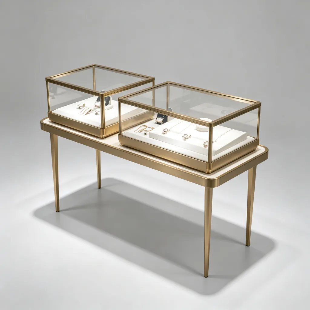 Champagne Gold Dual Glass Case Jewelry Display Table Console White Pads — view 2