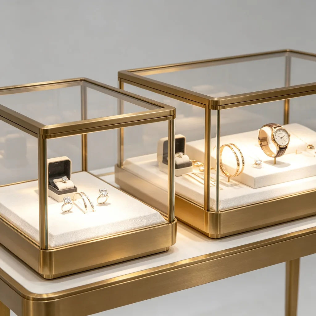 Champagne Gold Dual Glass Case Jewelry Display Table Console White Pads — view 3