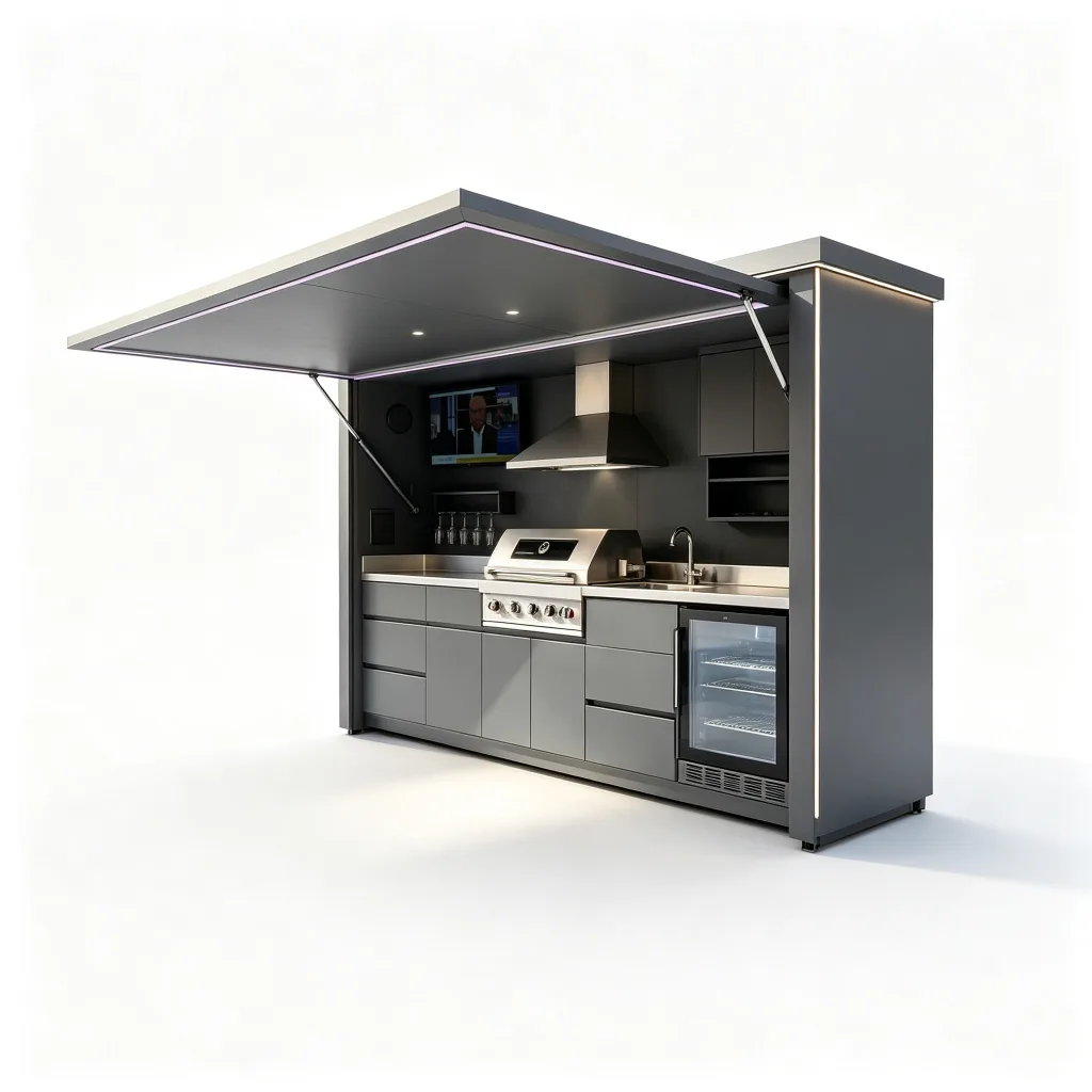 Charcoal Cantilever LED Roof BBQ Pod with Light Gray Cabinets — view 3
