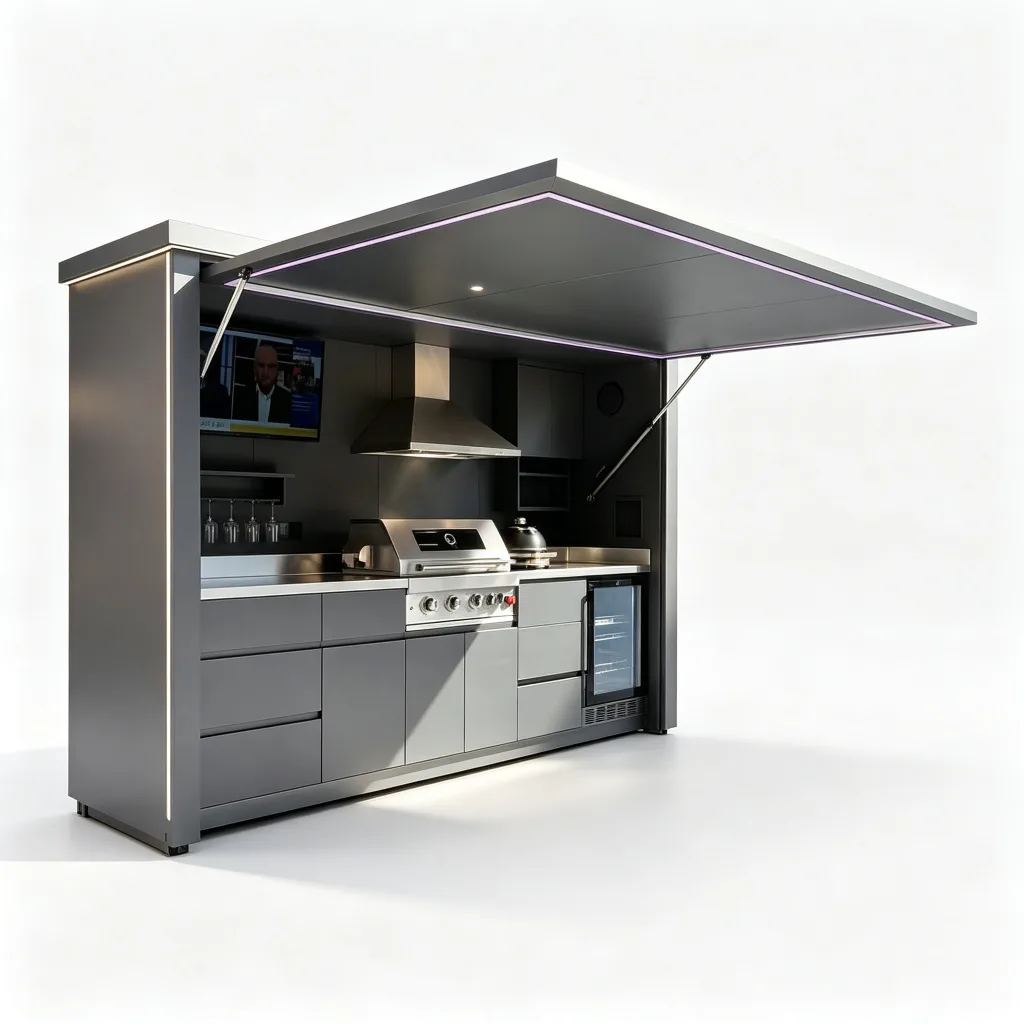 Charcoal Cantilever LED Roof BBQ Pod with Light Gray Cabinets — view 4