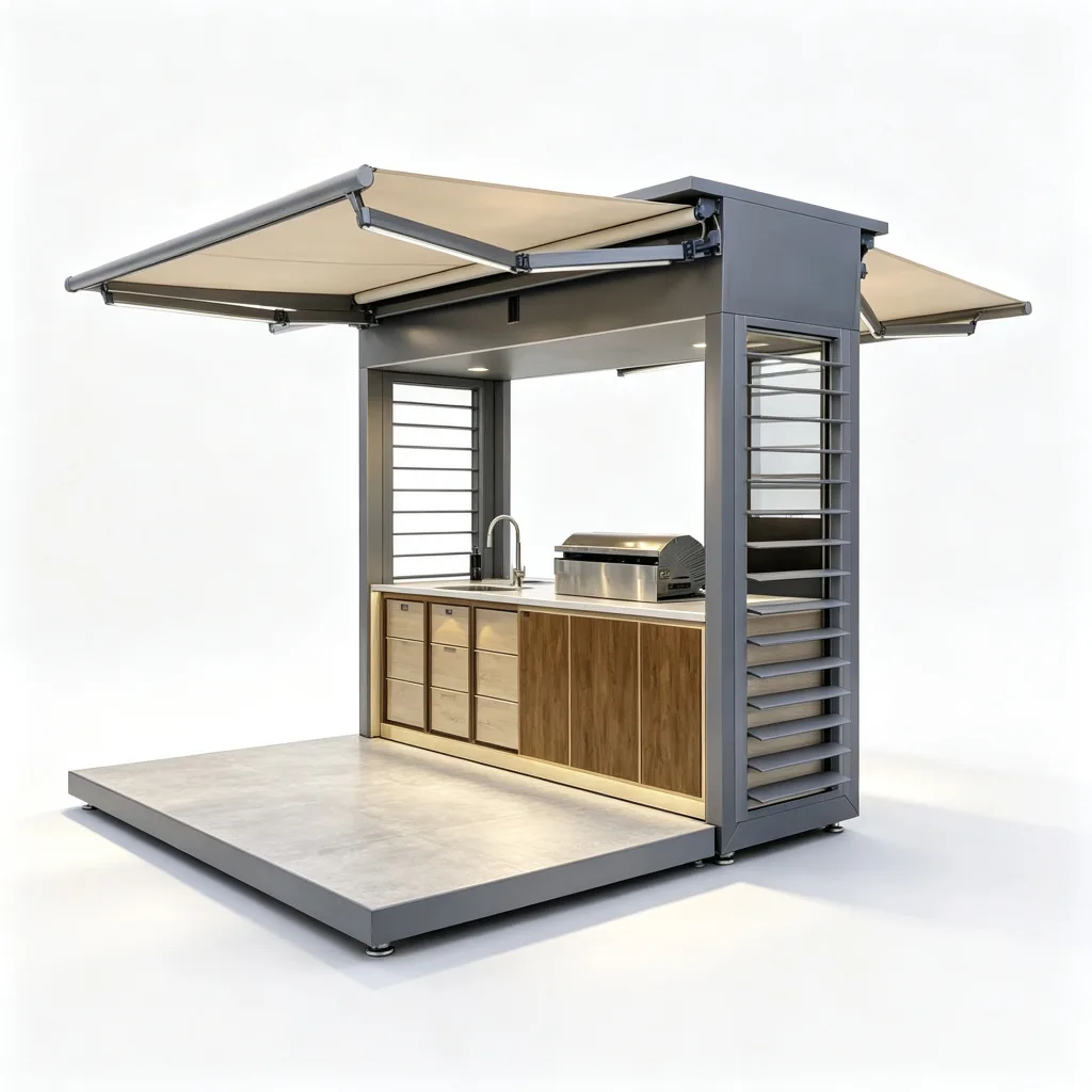 Charcoal Central Column BBQ Pod with Dual Beige Awnings and Sink — view 3