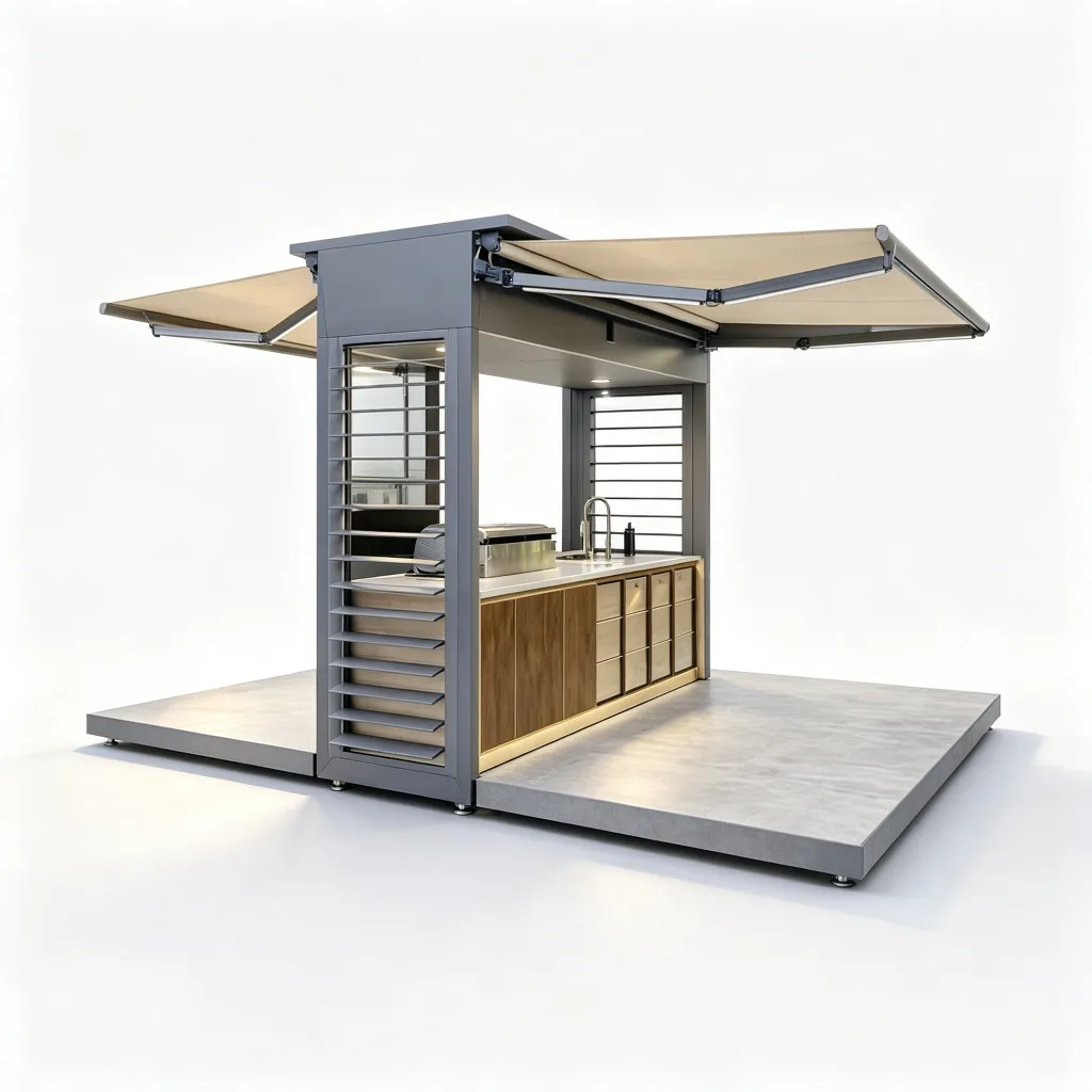 Charcoal Central Column BBQ Pod with Dual Beige Awnings and Sink — view 4