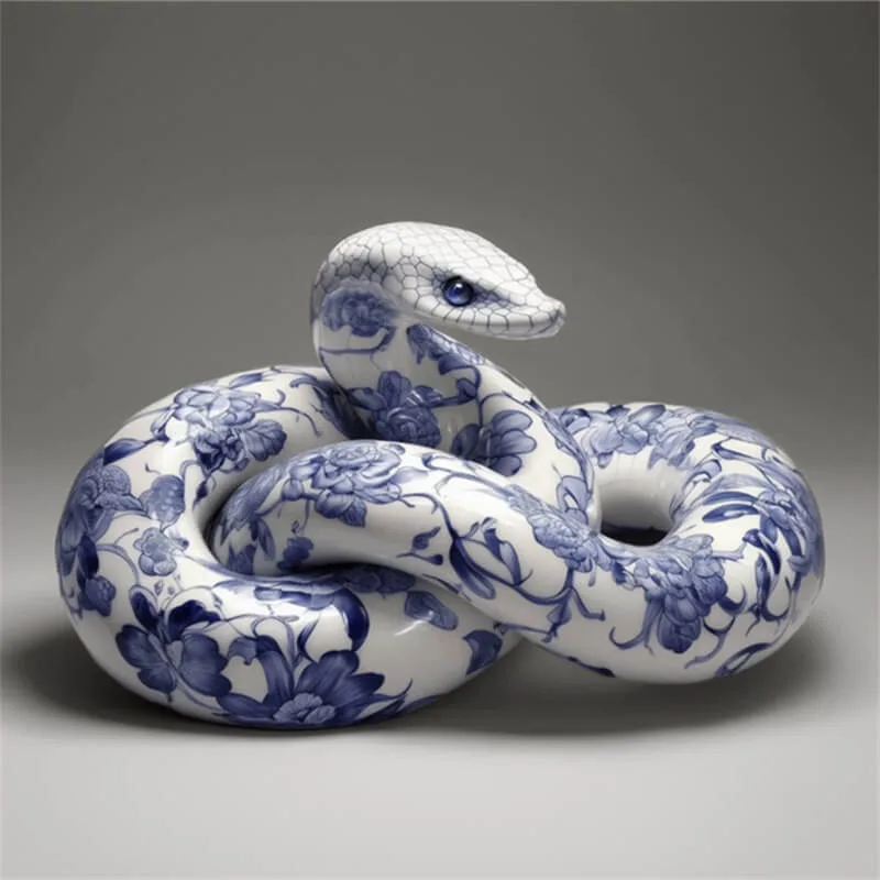 Chinese‑Style Blue‑and‑White Porcelain Fiberglass Snake Sculpture – Luxury Zodiac Art for Indoor & Outdoor Spaces — view 4