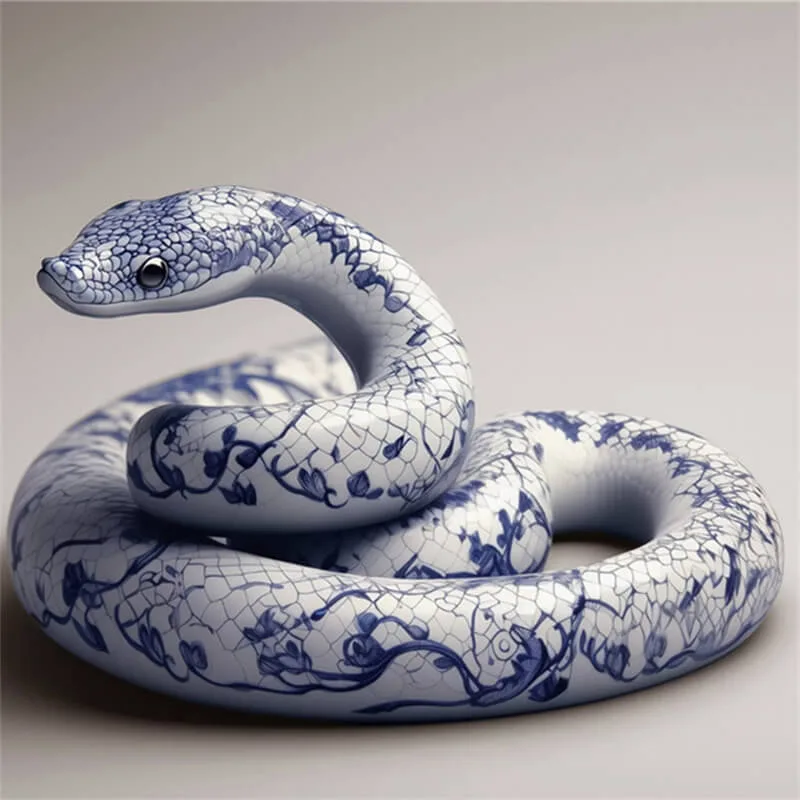 Chinese‑Style Blue‑and‑White Porcelain Fiberglass Snake Sculpture – Luxury Zodiac Art for Indoor & Outdoor Spaces — view 3