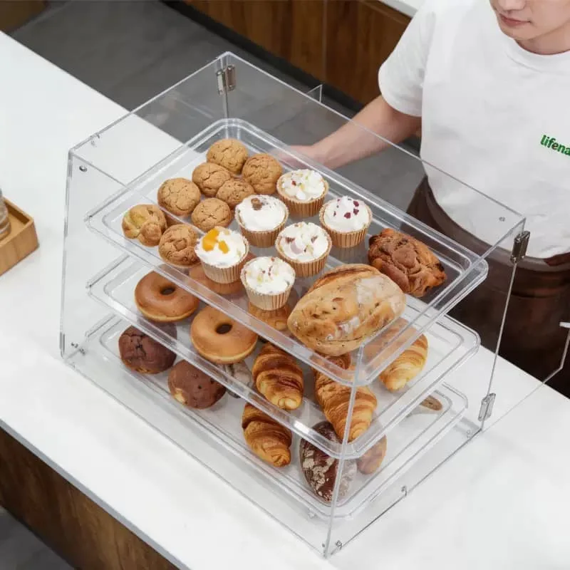 Clear Acrylic 3-Tier Countertop Pastry Showcase with Dustproof Flip Door for Cafe Bakery — view 4