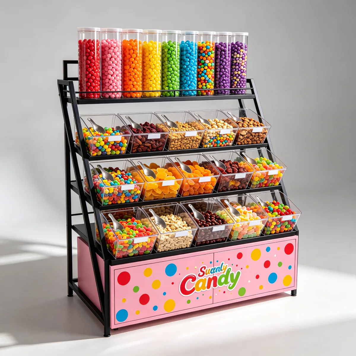 Colorful & Sturdy Multi-Tier Snack Shelf – Transform Your Store’s Visual Appeal