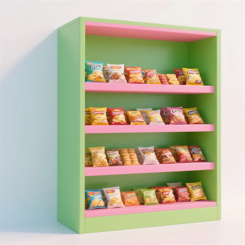Colorful wooden snack shelf display rack retail shop furniture design — view 4