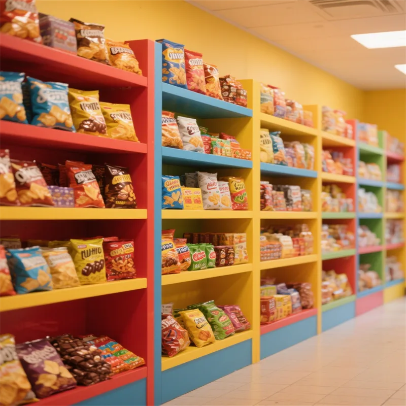 Colorful wooden snack shelf display rack retail shop furniture design — view 3