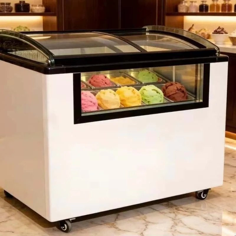 Commercial Curved Glass Frozen Yogurt Topping Display Refrigerator With Wheels — view 3