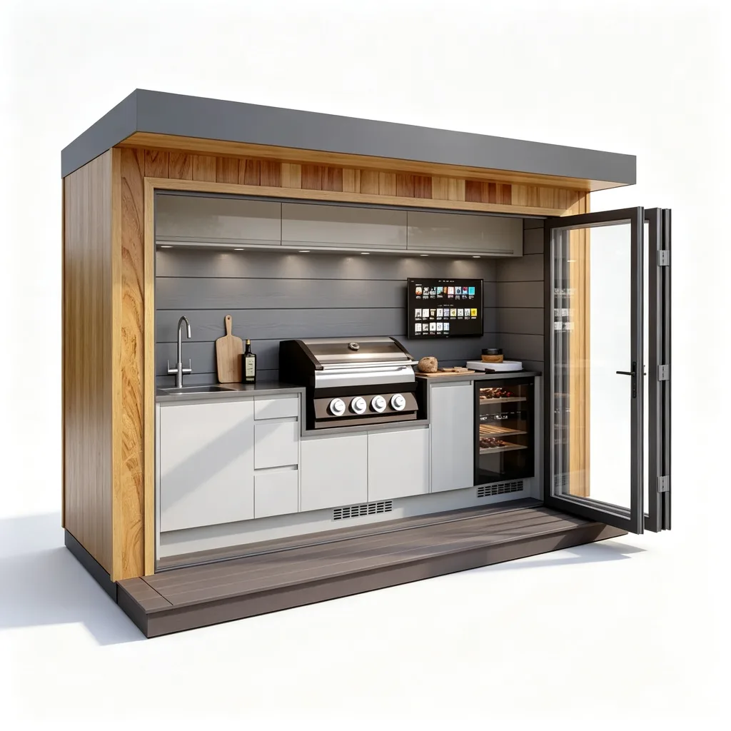 Compact Cedar Wood Bifold Door BBQ Pod with 4-Burner Grill and TV — view 4