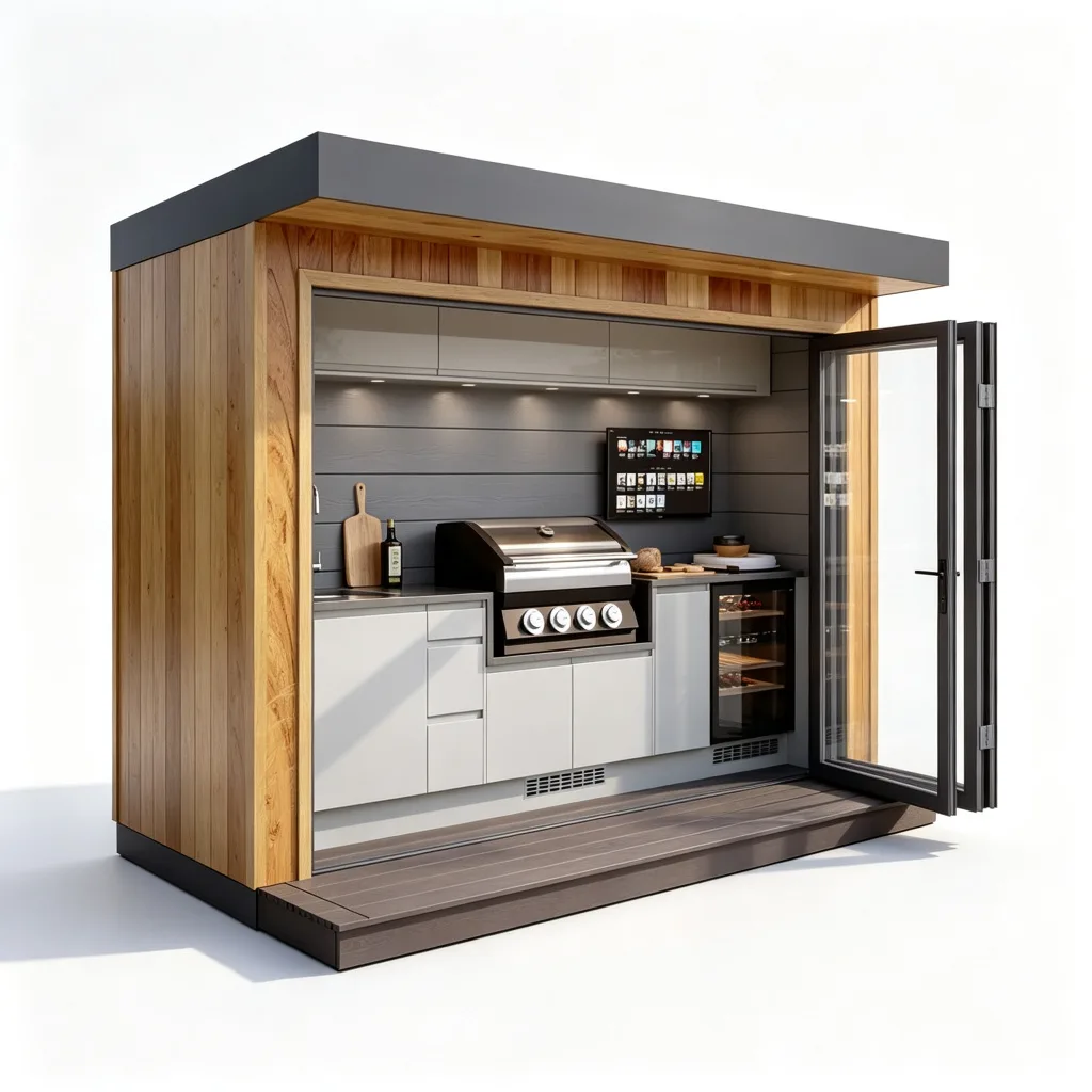 Compact Cedar Wood Bifold Door BBQ Pod with 4-Burner Grill and TV — view 3