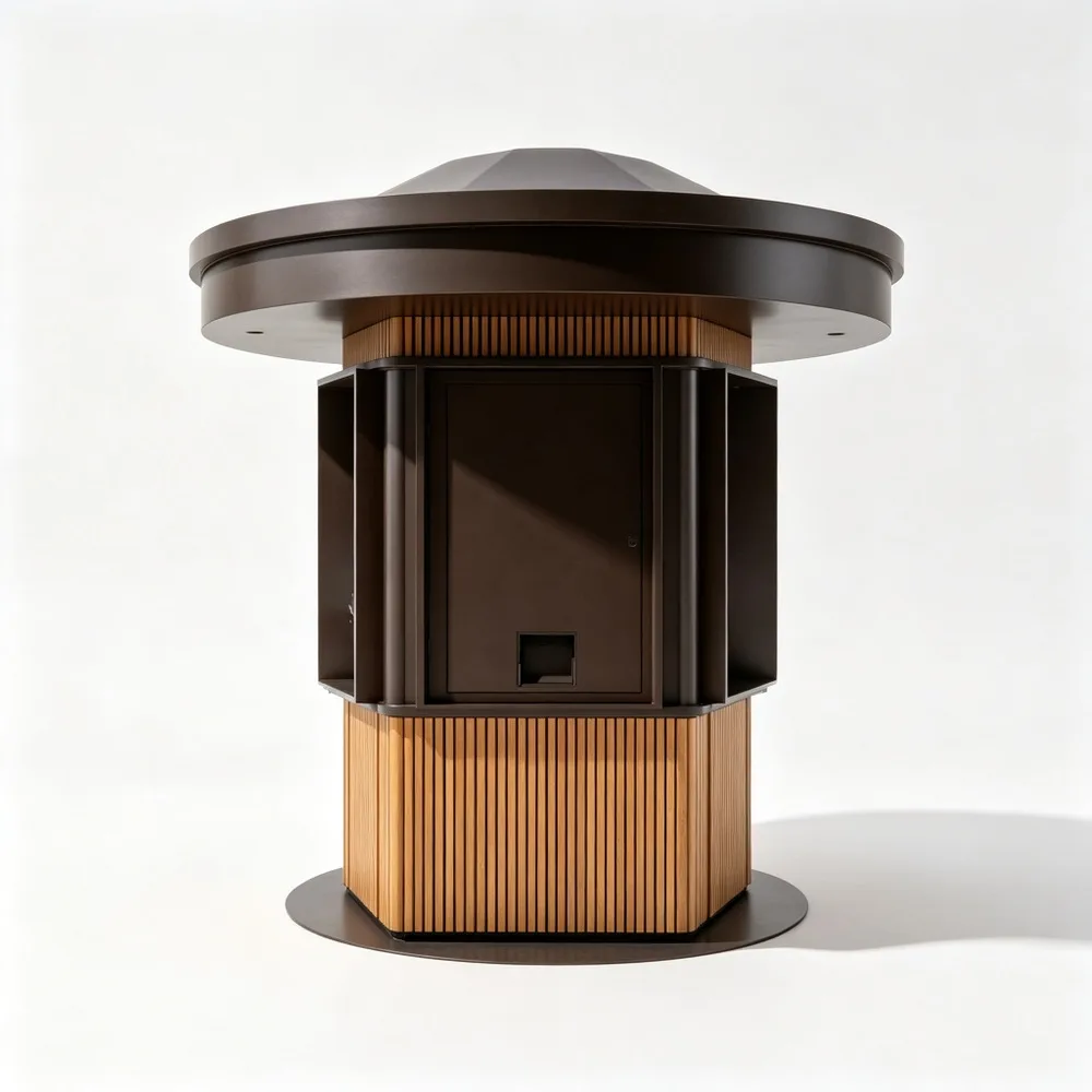 Compact Cylindrical Outdoor Visitor Kiosk with Wood Slats – Custom Dark Metal Frame Brochure Display Information Booth for Parks — view 4