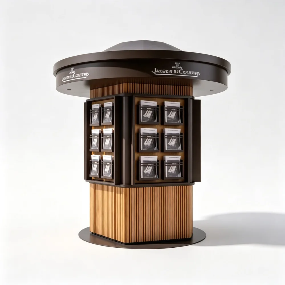 Compact Cylindrical Outdoor Visitor Kiosk with Wood Slats – Custom Dark Metal Frame Brochure Display Information Booth for Parks — view 3