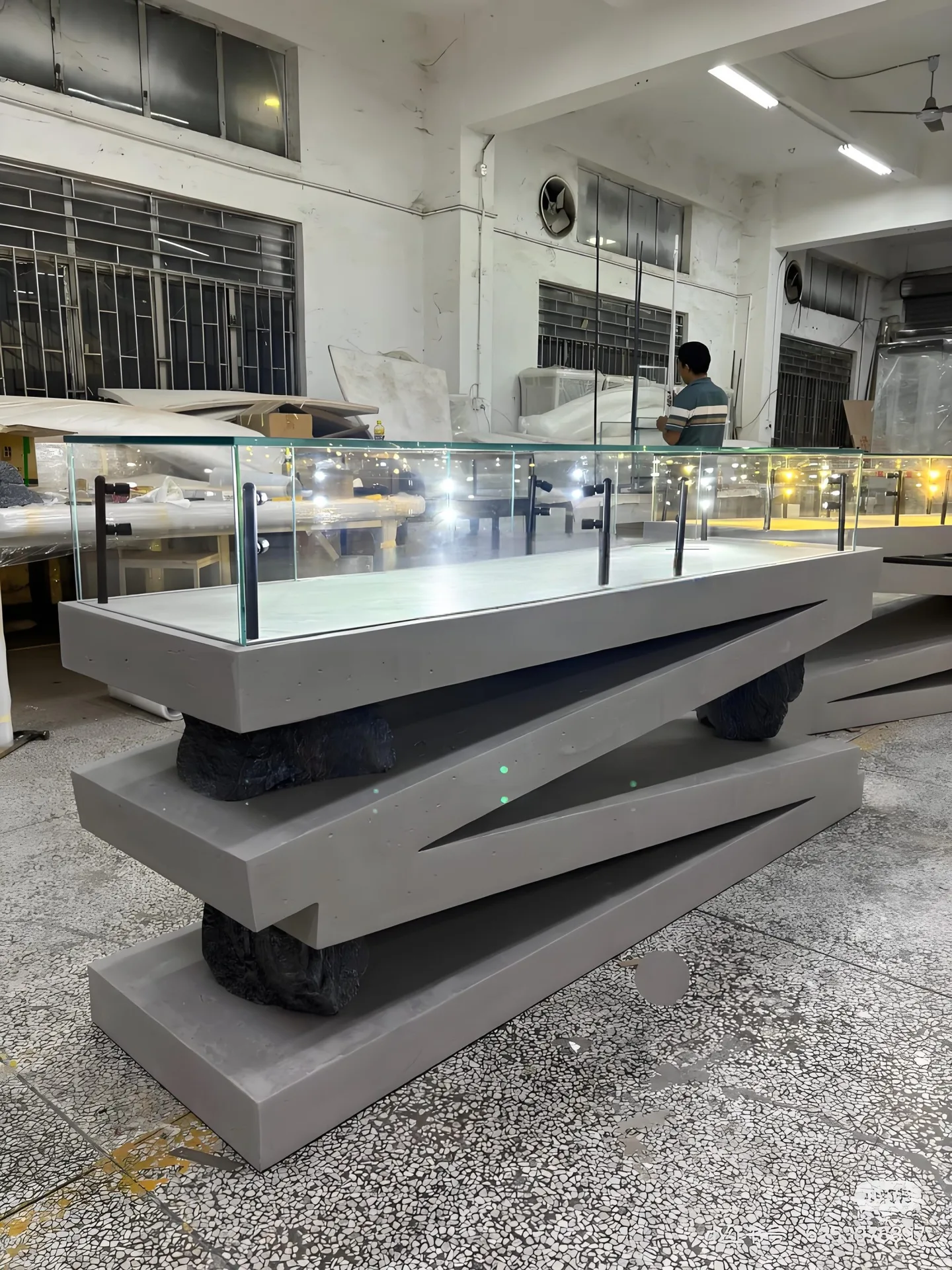 Concrete Grey Multi‑Tier Jewelry Display Table, Modern Glass Jewellery Showcase for Retail Store — view 2
