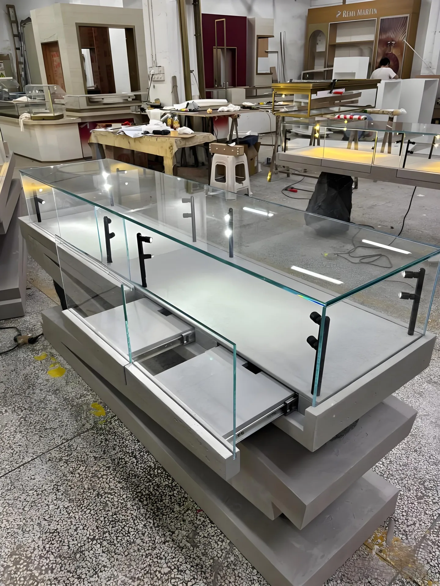 Concrete Grey Multi‑Tier Jewelry Display Table, Modern Glass Jewellery Showcase for Retail Store — view 5