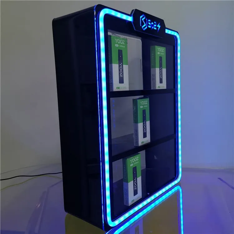 Cool self-service electronic cigarette display cabinet with LED lights on the street corner — view 4