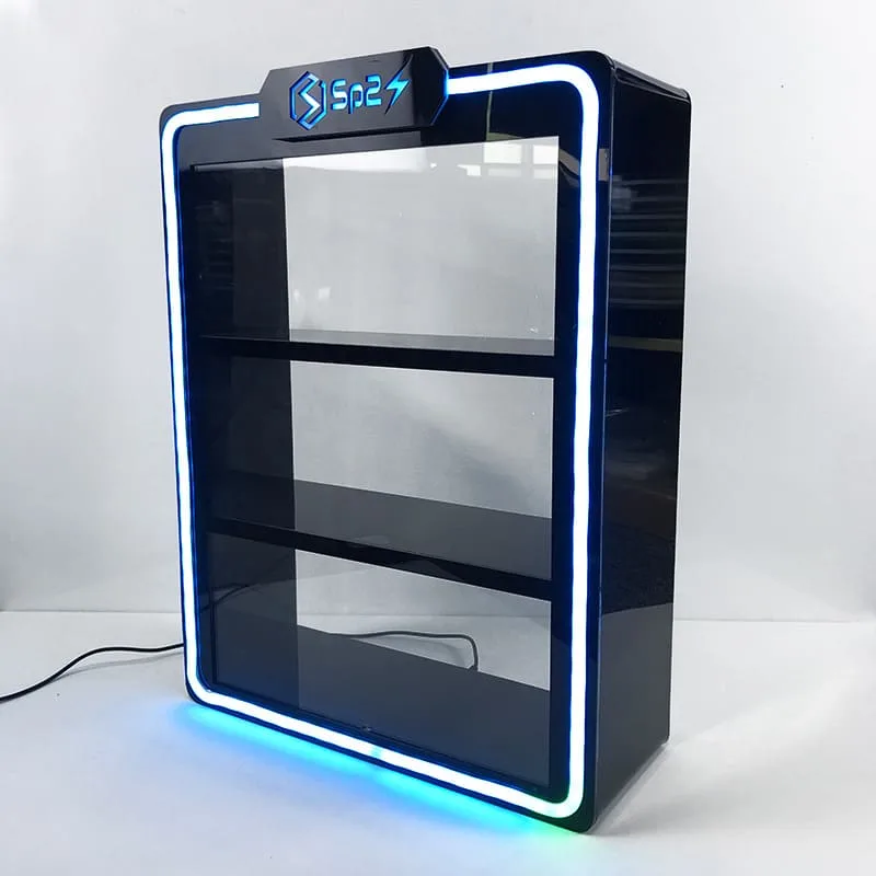 Cool self-service electronic cigarette display cabinet with LED lights on the street corner — view 3