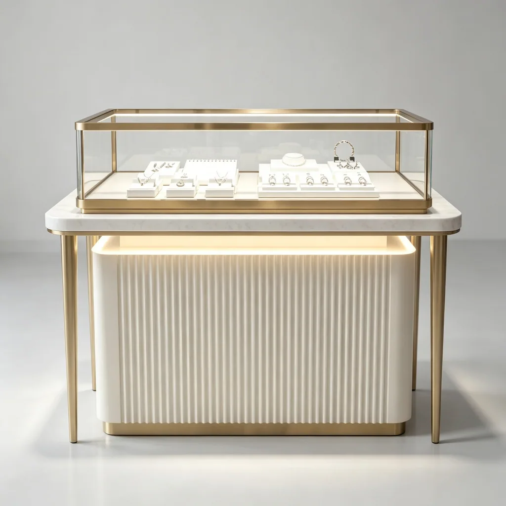 Cream fluted jewelry display counter with gold legs and an illuminated glass showcase, front view