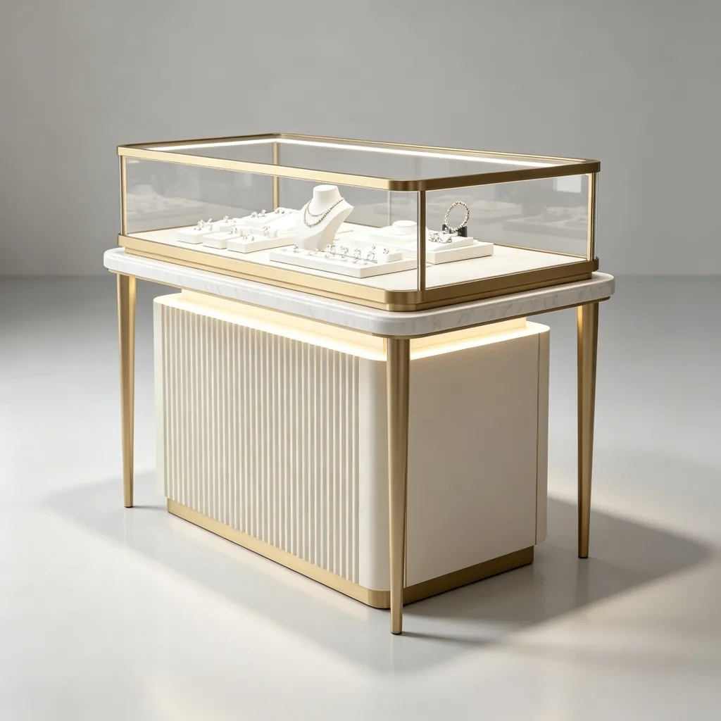 Angled view of a cream jewelry counter with a fluted front, gold legs and glass display top