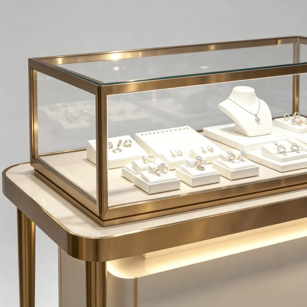 Close-up of jewelry trays inside a gold framed glass case above a cream fluted counter