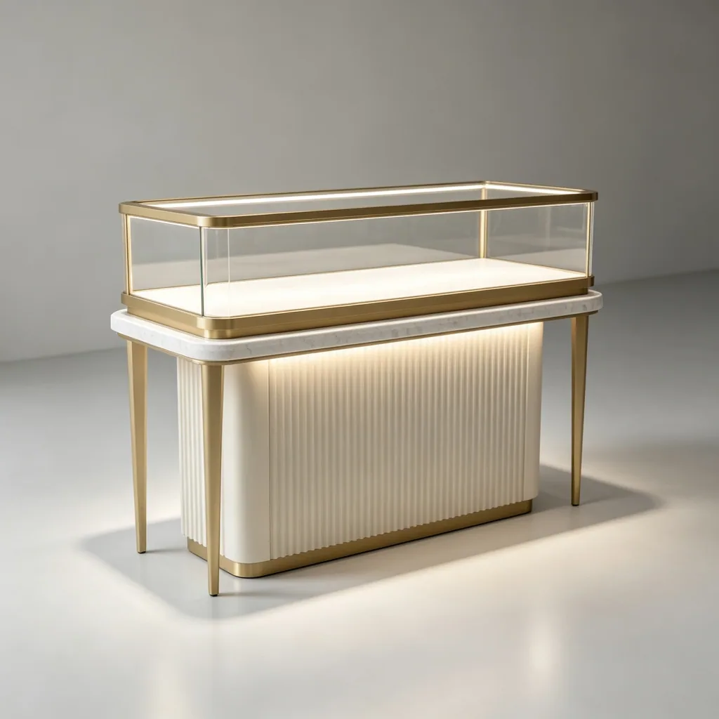 Long cream fluted jewelry counter with an empty glass showcase, gold legs and warm lighting