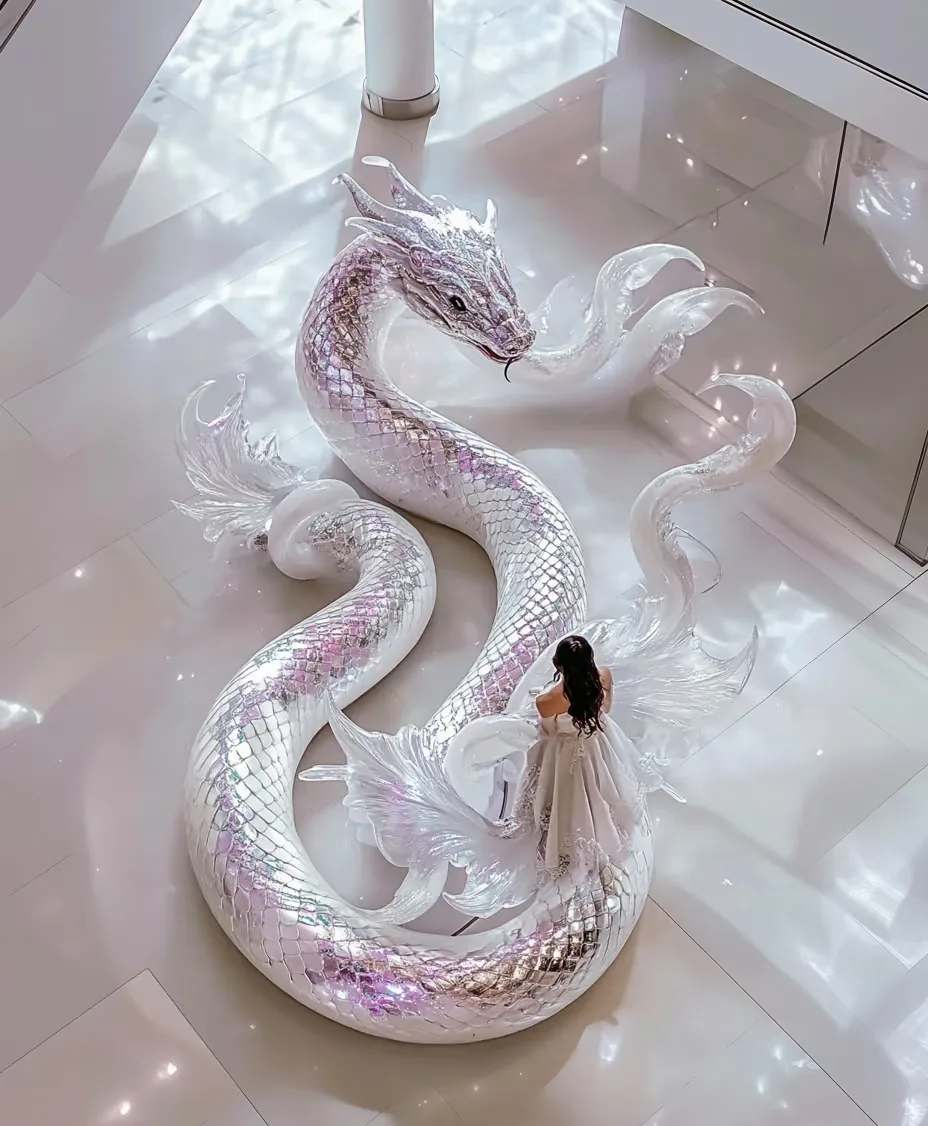Crystal White Dragon Fiberglass Statue Set For Mall Indoor Large Art Installation — view 5
