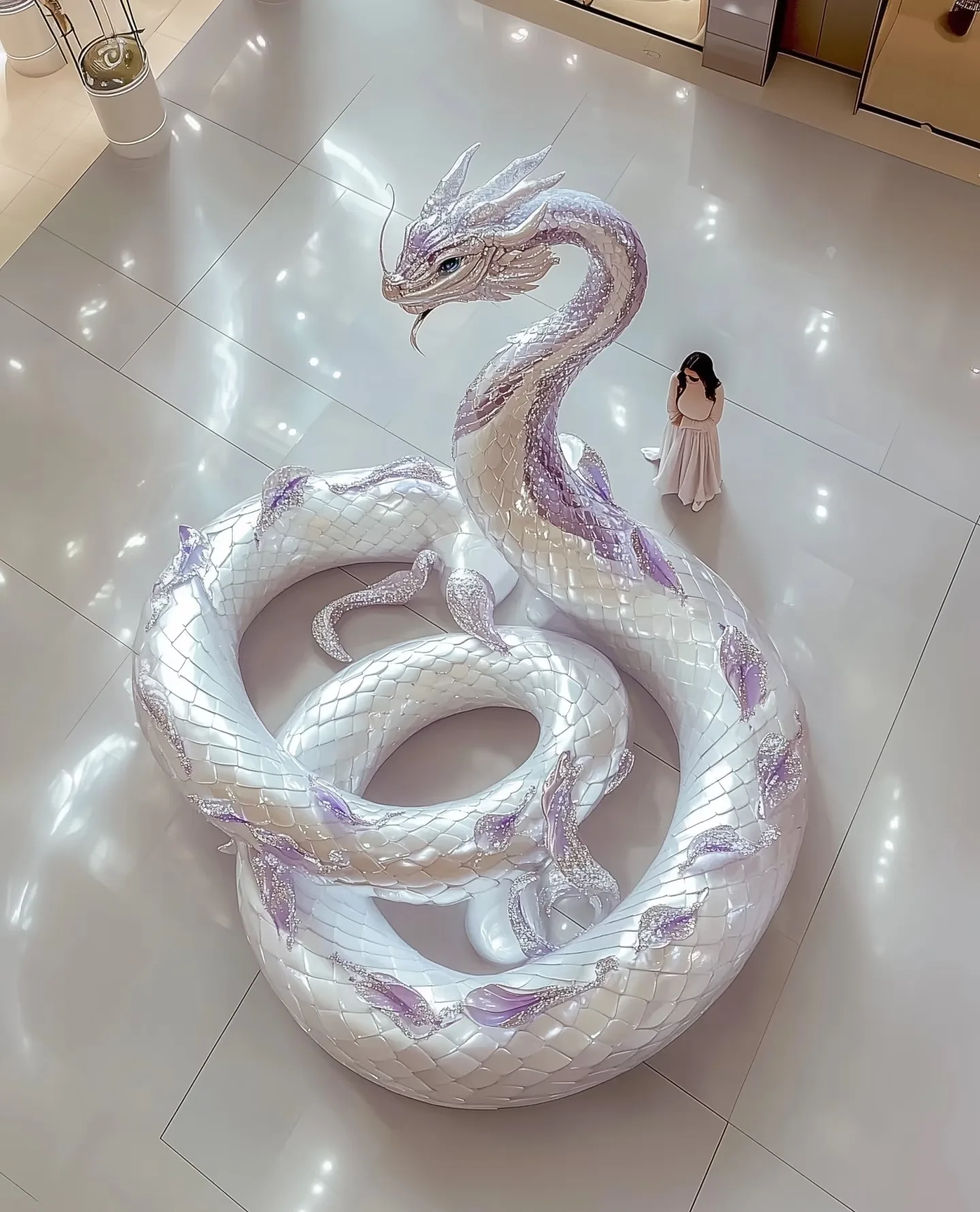 Crystal White Dragon Fiberglass Statue Set For Mall Indoor Large Art Installation — view 4