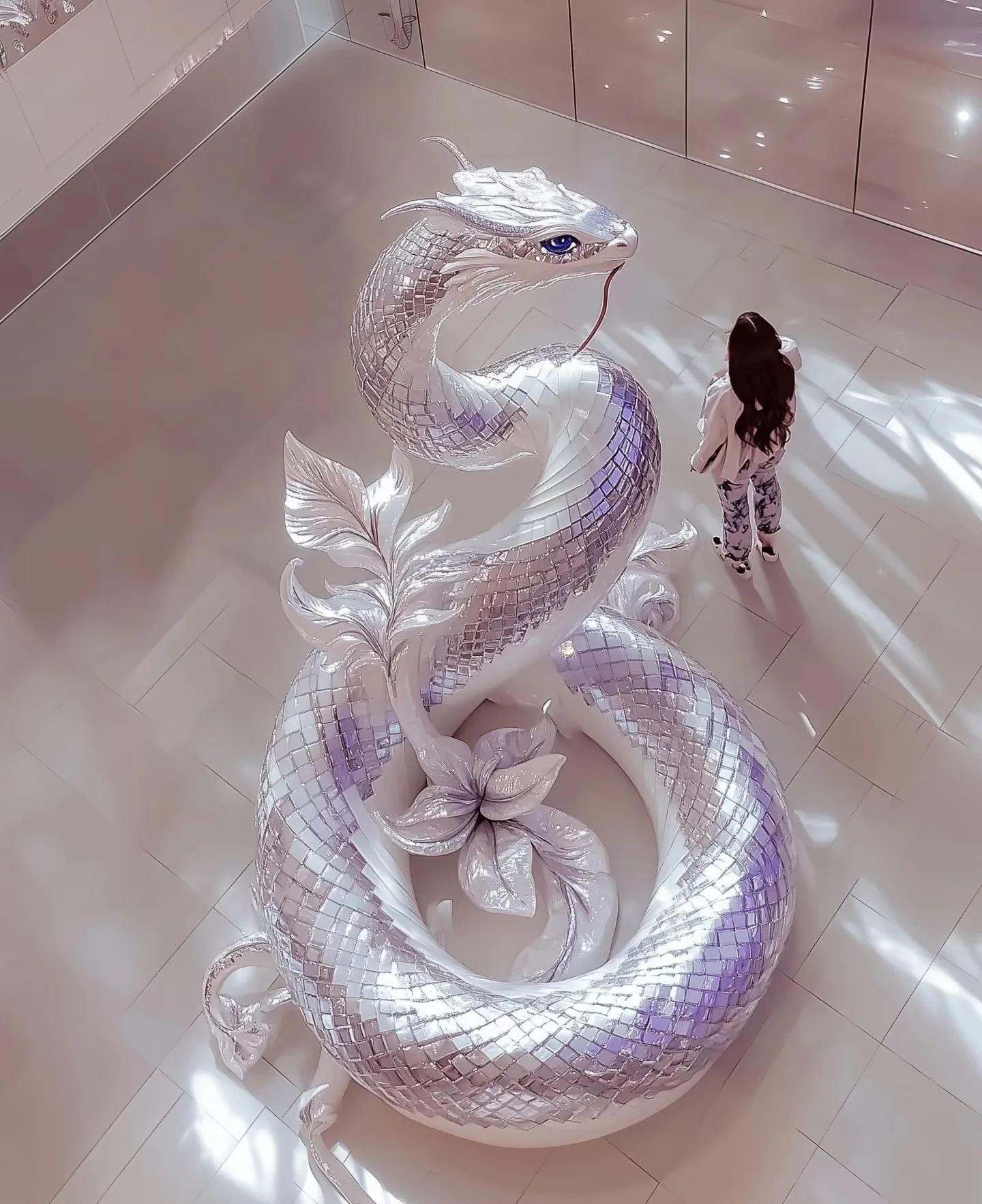 Crystal White Dragon Fiberglass Statue Set For Mall Indoor Large Art Installation — view 3