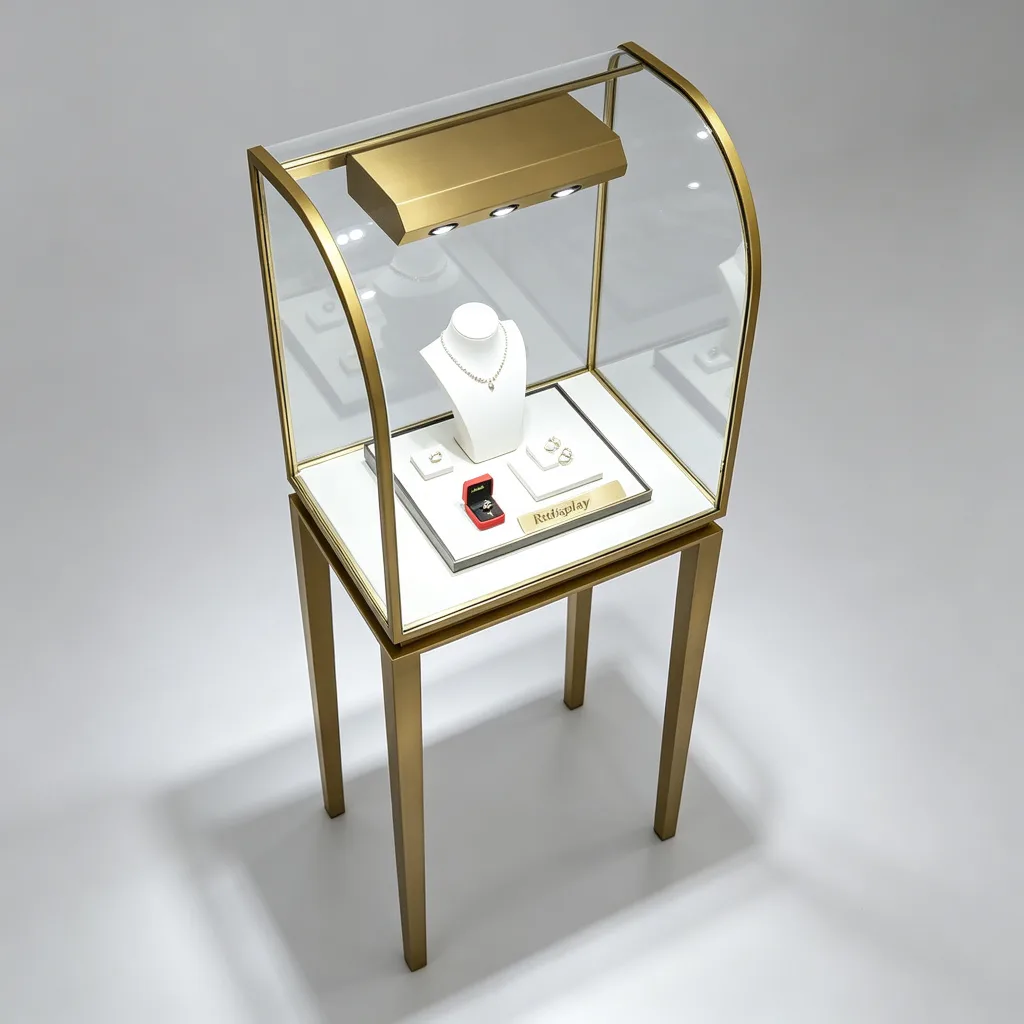 Curved Arched Top Jewelry Showcase Gold Brass Frame 4 Leg LED Display Stand — view 4