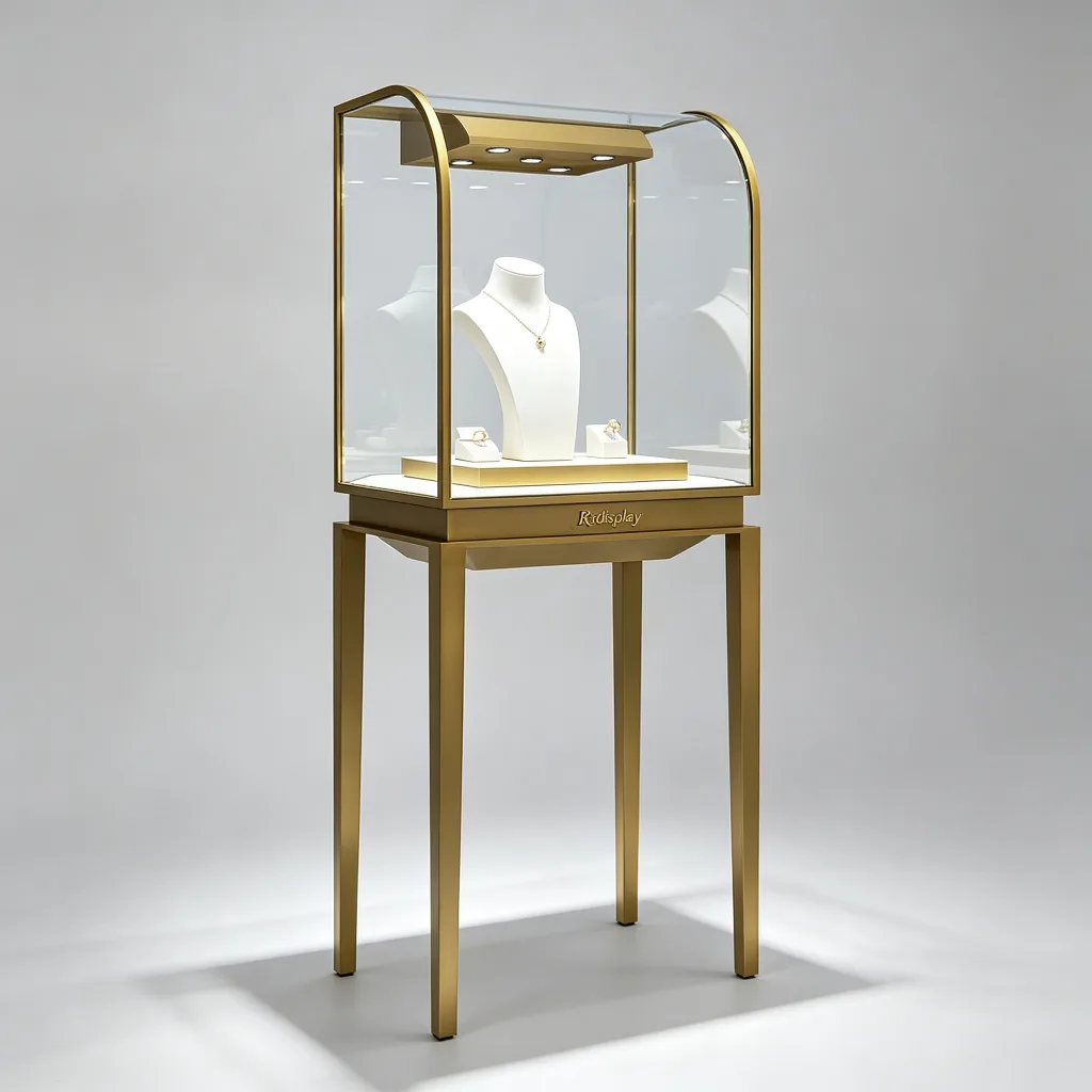 Curved Arched Top Jewelry Showcase Gold Brass Frame 4 Leg LED Display Stand — view 2
