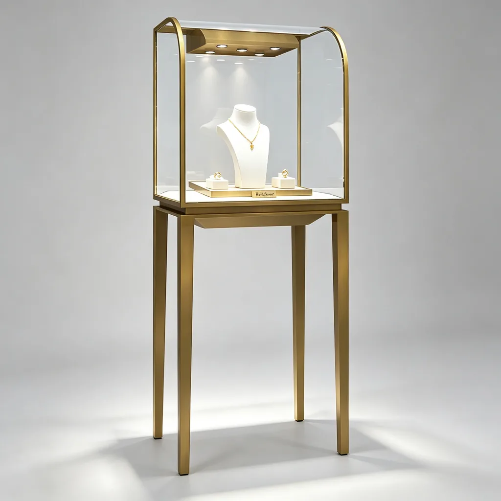 Curved Arched Top Jewelry Showcase Gold Brass Frame 4 Leg LED Display Stand