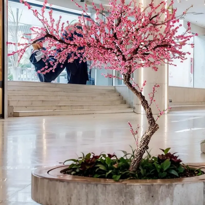 Curved Artificial Red Plum Tree Silk Flower Landscape Decor for Mall & Lobby — view 3
