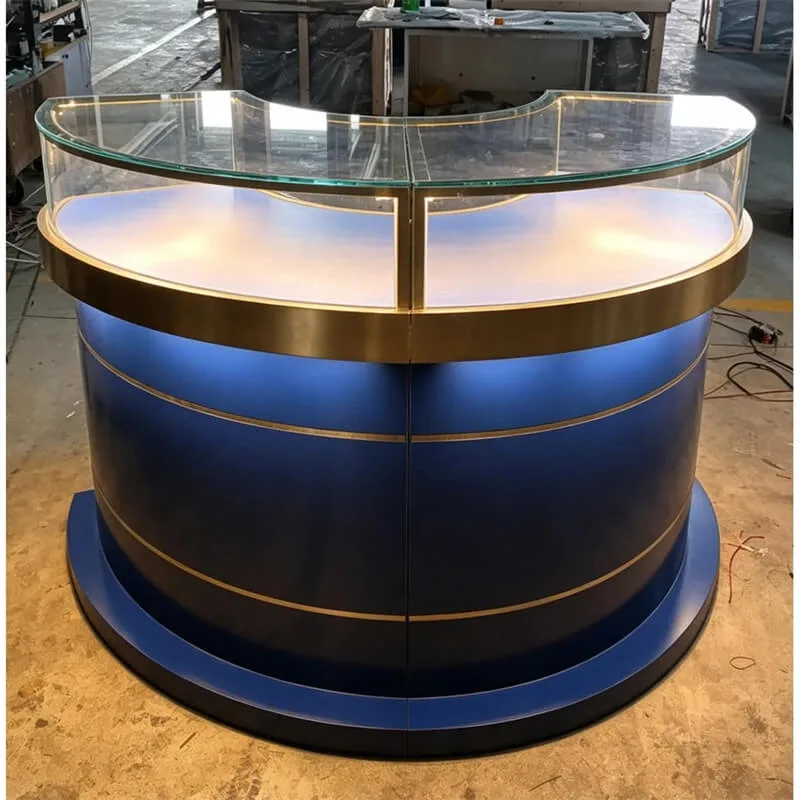Curved Dark Blue MDF Baking Paint Jewelry Display Counter – Custom Mall Luxury Showcase With Stainless Steel Trim, LED Strips & Tempered Gla — view 3