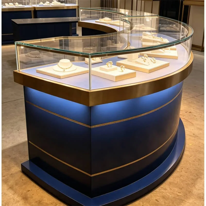 Curved Dark Blue MDF Baking Paint Jewelry Display Counter – Custom Mall Luxury Showcase With Stainless Steel Trim, LED Strips & Tempered Gla — view 4
