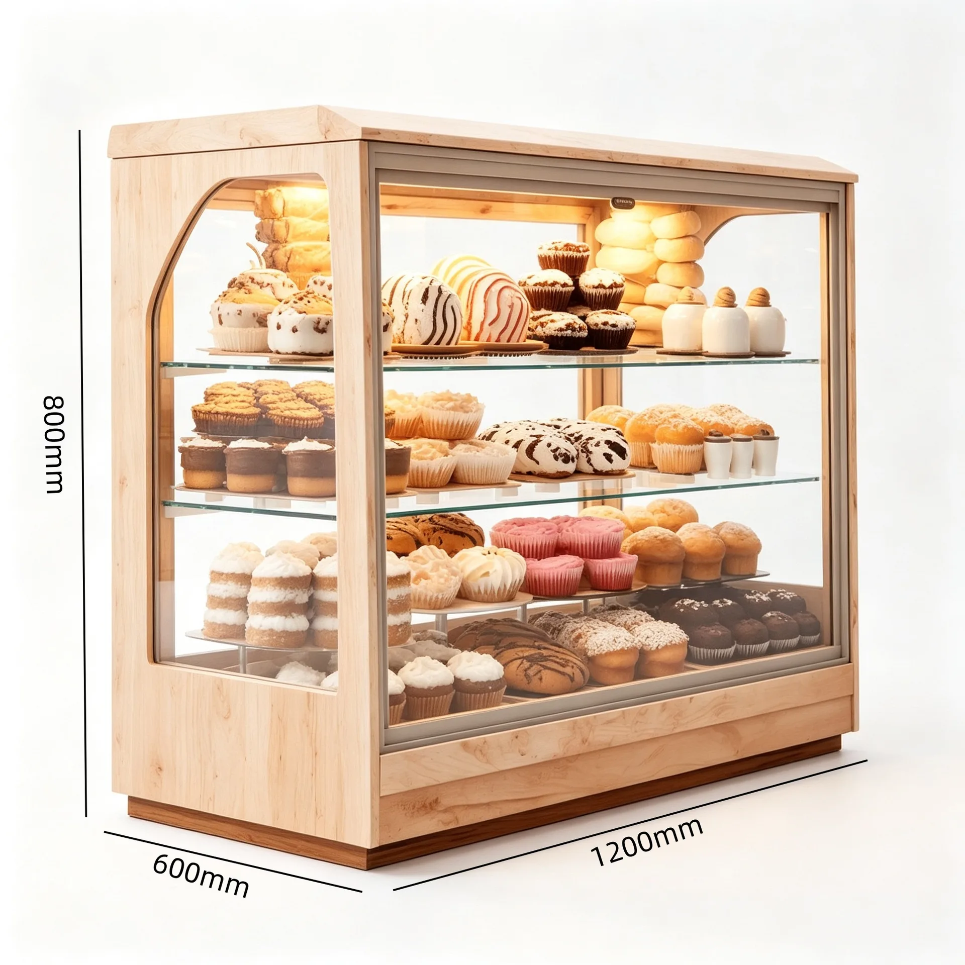 Curved Front Wood Framed Bakery Pastry Display Case with LED Light for Cake Shop — product detail 1