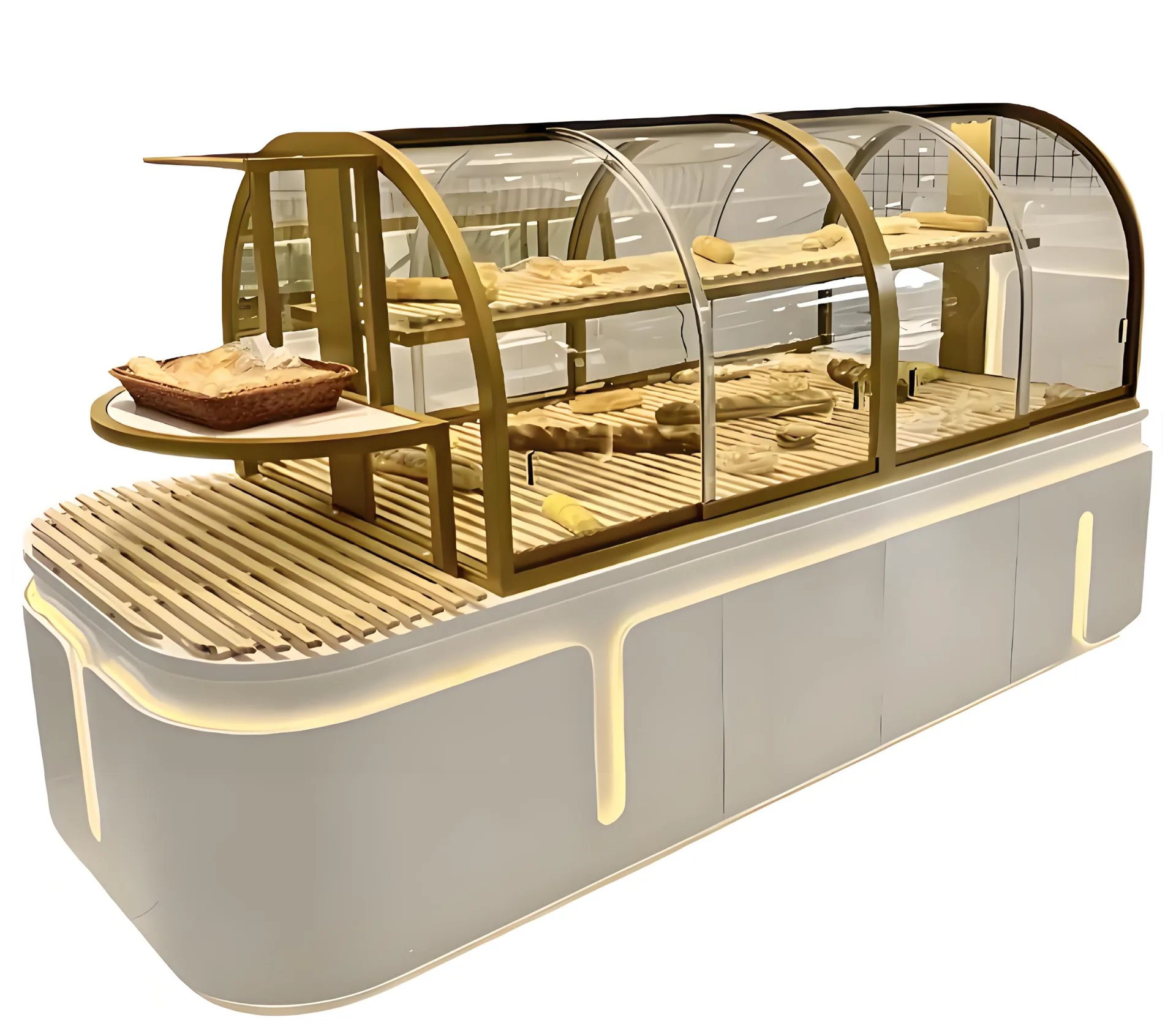 Curved Glass Bread Display Case Custom Size White Gold with LED Lighting and Storage for Bakery — view 3