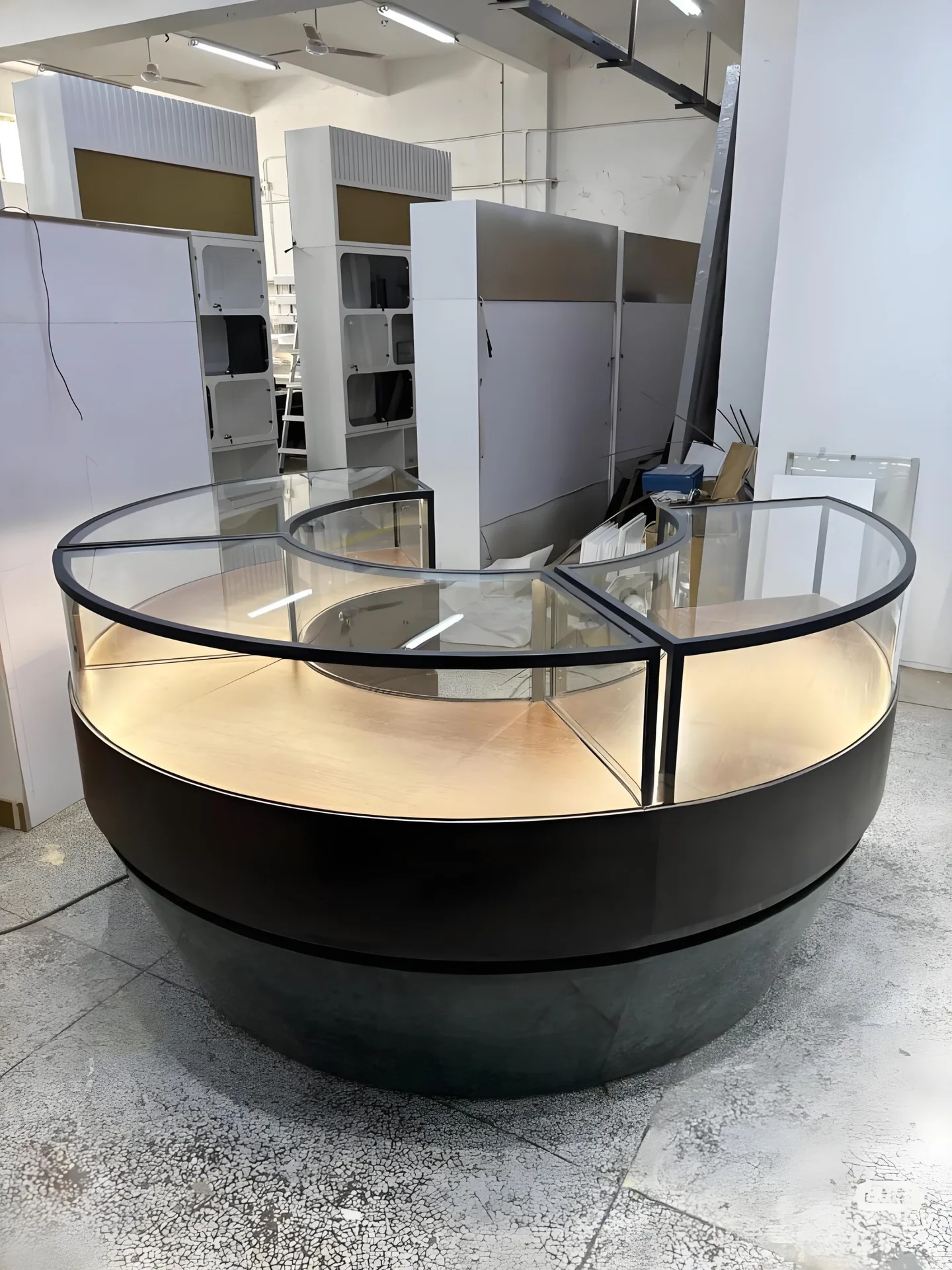 Curved Glass Display Counter Set | Arc-Shaped Showcase with Lighted Top and Wood Frame — view 3