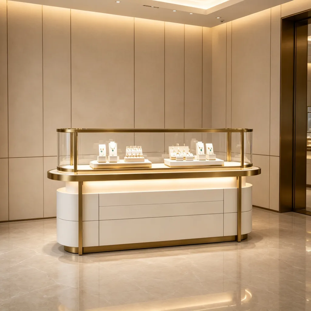Curved Glass Jewelry Display Counter with Gold Brass Frame LED Lighting — view 3
