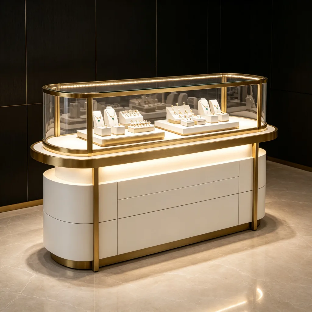 Curved Glass Jewelry Display Counter with Gold Brass Frame LED Lighting — view 4